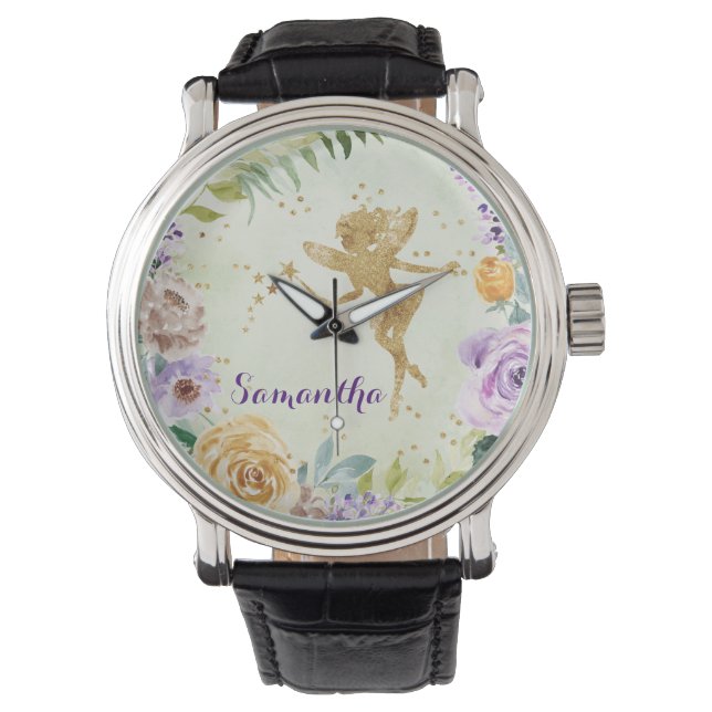 Leuke gouden glitter fee met Paarse wilde bloemen Horloge (Voorkant)
