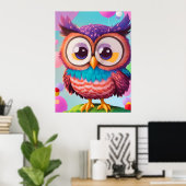 Leuke Grappige Kleurrijke Comic Uil AI Kunst Poster (Thuiskantoor)