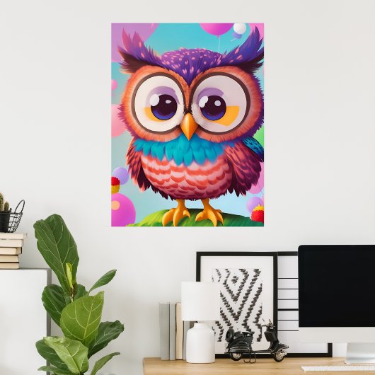 Leuke Grappige Kleurrijke Comic Uil AI Kunst Poster (Thuiskantoor)