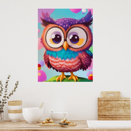 Leuke Grappige Kleurrijke Comic Uil AI Kunst Poster (Keuken)