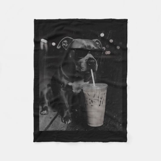 Leuke grappige pitbull drinkende ijskoude koffie l fleece deken (Voorkant)