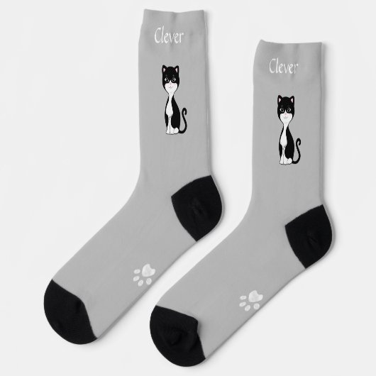 Leuke Grappige Tuxedo Kat & Paws op Lichtgrijs Sokken (Links)