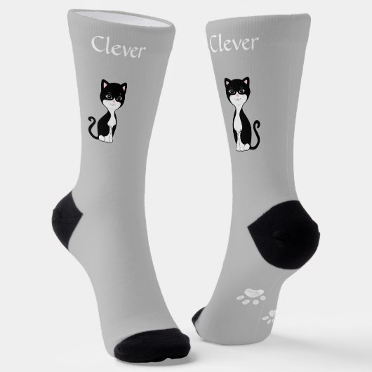 Leuke Grappige Tuxedo Kat & Paws op Lichtgrijs Sokken (Gebogen)