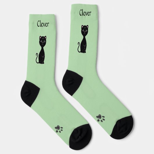Leuke Grappige Zwarte Kat & Paws op Lichtgroen Sokken (Rechts)