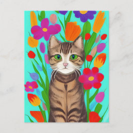 Leuke grijze kat met kleurrijke bloemen briefkaart