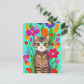 Leuke grijze kat met kleurrijke bloemen briefkaart (Staand voorkant)