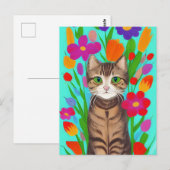 Leuke grijze kat met kleurrijke bloemen briefkaart (Voorkant / Achterkant)