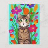 Leuke grijze kat met kleurrijke bloemen briefkaart (Voorkant)