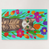 Leuke grijze kat met kleurrijke bloemen legpuzzel (Horizontaal)