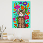 Leuke grijze kat met kleurrijke bloemen poster (Keuken)