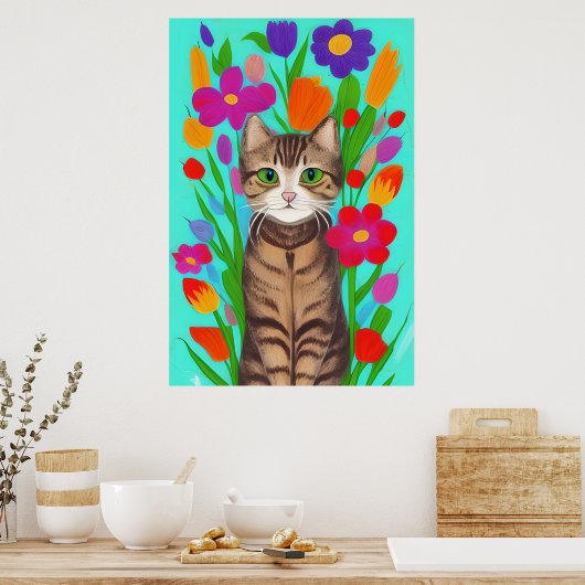Leuke grijze kat met kleurrijke bloemen poster (Keuken)