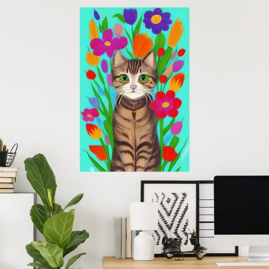 Leuke grijze kat met kleurrijke bloemen poster (Thuiskantoor)