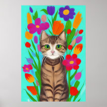 Leuke grijze kat met kleurrijke bloemen
