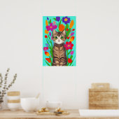 Leuke grijze kat met kleurrijke bloemen poster (Keuken)