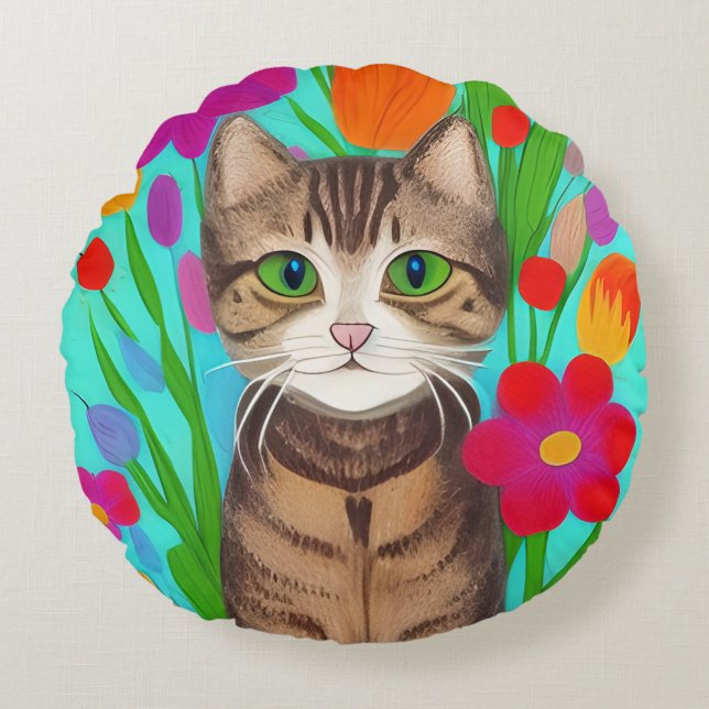Leuke grijze kat met kleurrijke bloemen rond kussen (Voorkant)