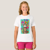 Leuke grijze kat met kleurrijke bloemen t-shirt (Voorkant volledig)