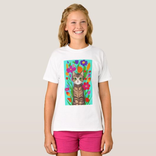 Leuke grijze kat met kleurrijke bloemen t-shirt (Voorkant volledig)
