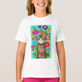 Leuke grijze kat met kleurrijke bloemen t-shirt