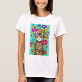 Leuke grijze kat met kleurrijke bloemen t-shirt