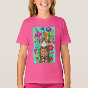Leuke grijze kat met kleurrijke bloemen t-shirt