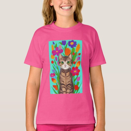 Leuke grijze kat met kleurrijke bloemen t-shirt (Voorkant)