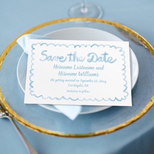 Leuke grillige hand getekend licht blauw wit save the date