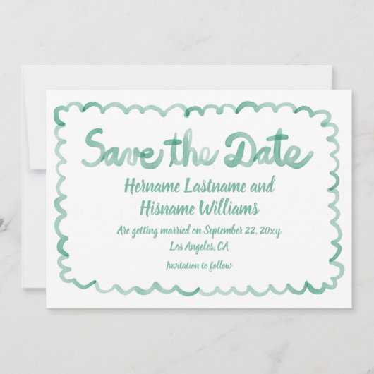 Leuke grillige hand getekend Olijfgroen Wit Save The Date (Voorkant)