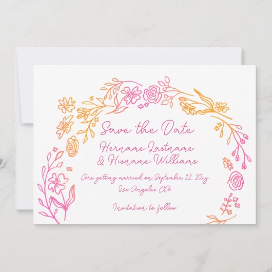 Leuke grillige hand getekend roze Sinaasappel bloe Save The Date (Voorkant)