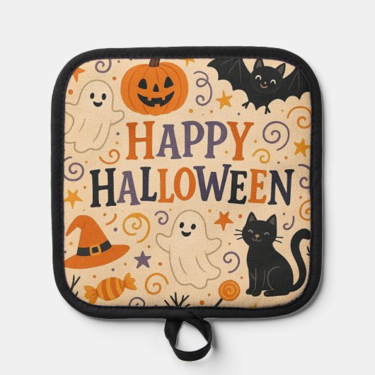 , leuke grillige Happy Halloween Pannenlap (Voorkant)