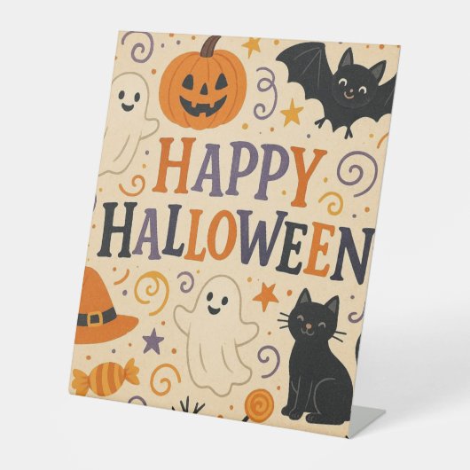 , leuke grillige Happy Halloween Reclamebord Met Voetstuk (Voorkant)