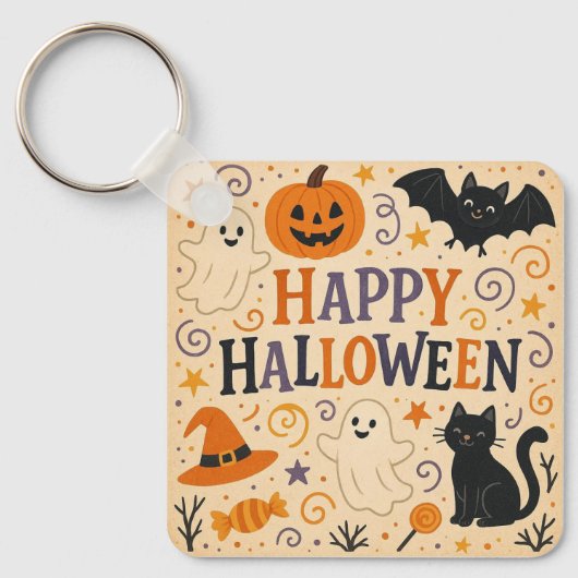 , leuke grillige Happy Halloween Sleutelhanger (Voorkant)