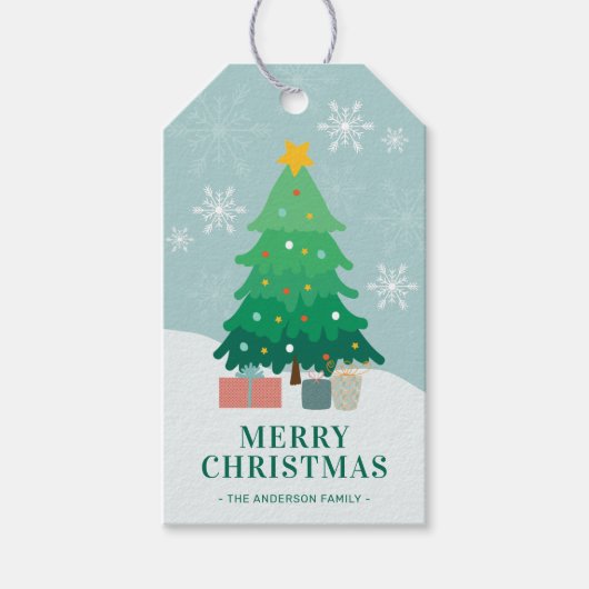 Leuke grillige kerstboom in sneeuw cadeaulabel (Voorkant)