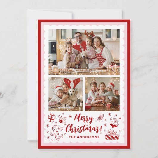 Leuke grillige kerstvakantie 3 familiefoto feestdagenkaart (Voorkant)