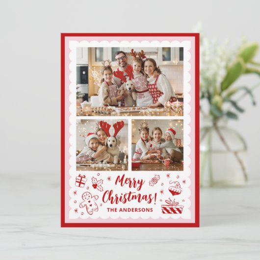 Leuke grillige kerstvakantie 3 familiefoto feestdagenkaart (Staand voorkant)