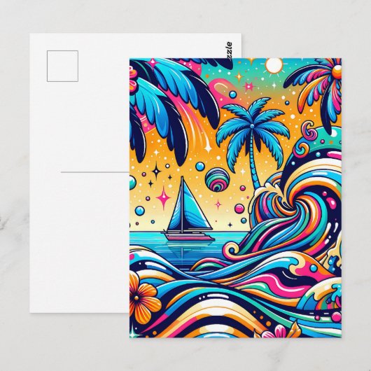 Leuke grillige psychedelische zeilboot briefkaart (Voorkant / Achterkant)