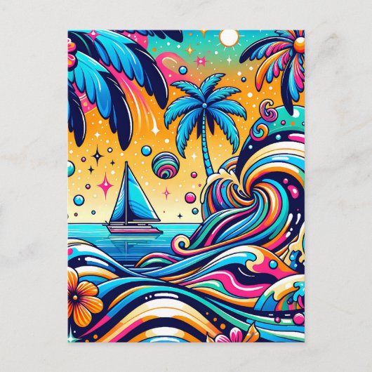 Leuke grillige psychedelische zeilboot briefkaart (Voorkant)