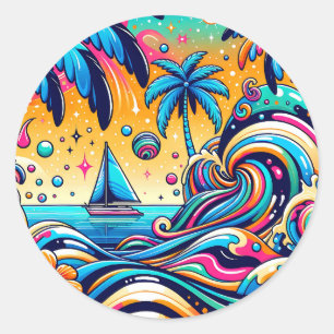 Leuke grillige psychedelische zeilboot ronde sticker