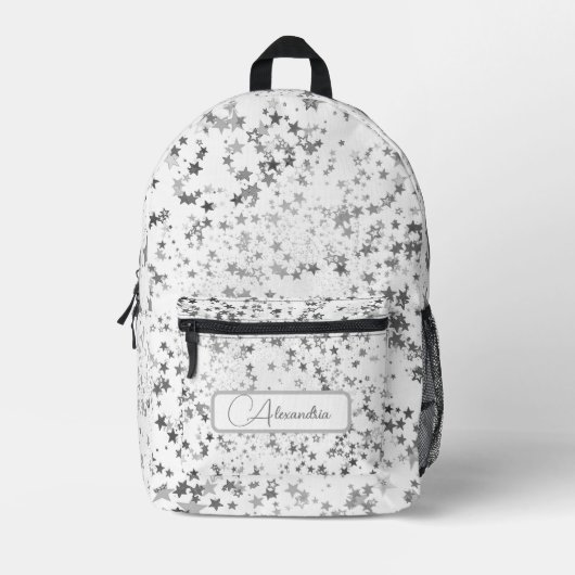 Leuke grillige zilveren sterren op wit gepersonali bedrukte rugzak (Voorkant)