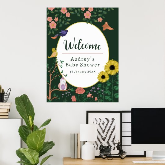 Leuke Groene Bloemen Welkom bij Baby shower Sign Poster (Thuiskantoor)