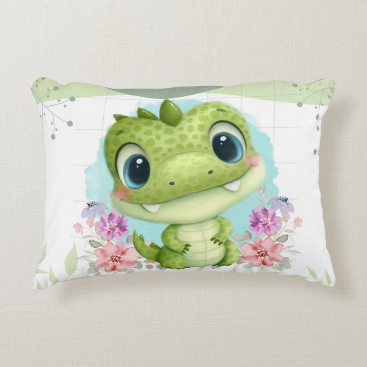 Leuke groene dinosaurus bloementhema gepersonalise accent kussen (Voorkant)