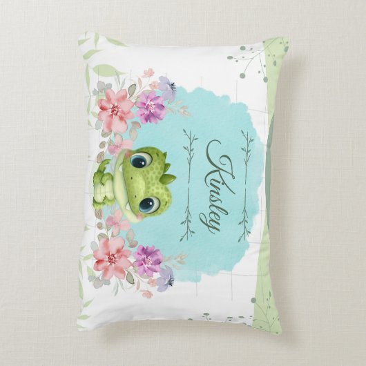 Leuke groene dinosaurus bloementhema gepersonalise accent kussen (Achterkant (Verticaal))