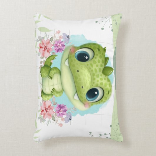 Leuke groene dinosaurus bloementhema gepersonalise accent kussen (Voorkant(Verticaal))