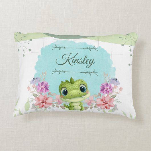 Leuke groene dinosaurus bloementhema gepersonalise accent kussen (Achterkant)