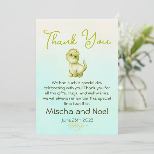 Leuke groene dinosaurus jongens Baby shower dank u Bedankkaart (Staand voorkant)