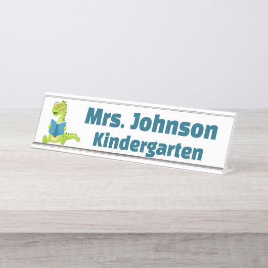 Leuke groene dinosaurus leraar bureau naambordje (Voorkant)