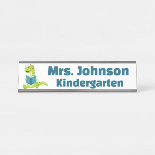 Leuke groene dinosaurus leraar bureau naambordje (Voorkant)