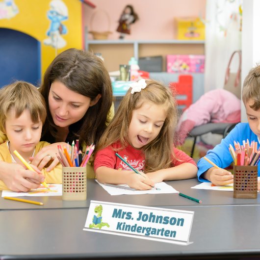 Leuke groene dinosaurus leraar bureau naambordje