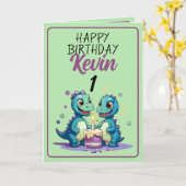 Leuke Groene en Paarse Dinosaurussen Jongen 1e Ver Kaart (Gele Bloem)