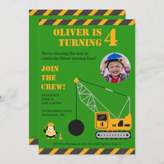 Leuke groene kinderconstructie Verjaardag Kaart (Voorkant / Achterkant)