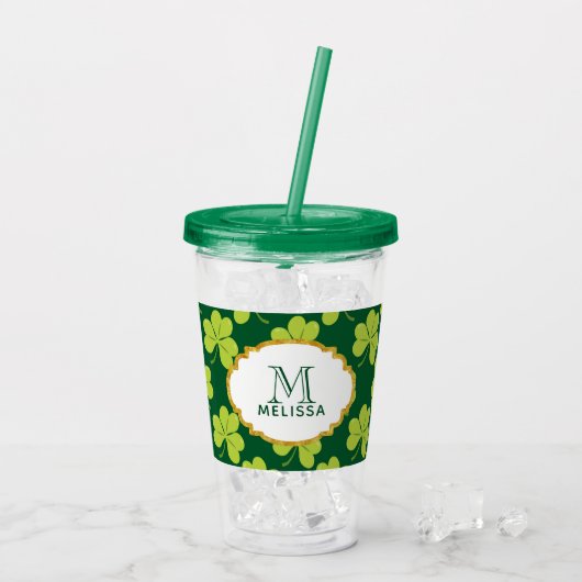 Leuke Groene Klaver Shamrock Patroon met Monogram Acryl Drinkbeker (Achterkant ijs)